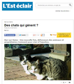 L'article de l'Est Éclair se faisant écho de disparitions mystérieuses de chats à Bar-sur-Seine le 16 juillet 2014